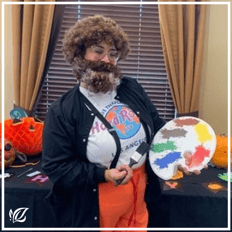 pacifica senior living staff member dressed as bob ross