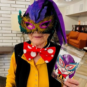 a resident of senior living dressed for halloween