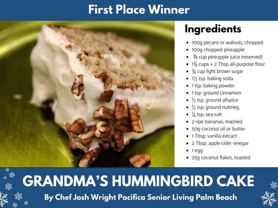 hummingbird cake recipe card from pacifica senior living Palm Beach