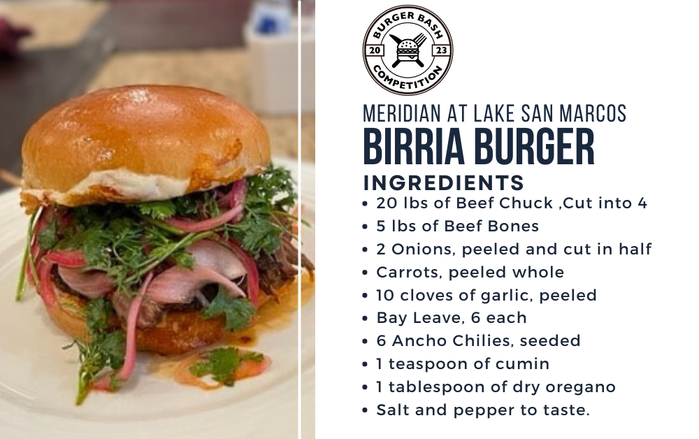 recipe card for the barrio burger from meridian at lake San Marcos winner of the burger competition