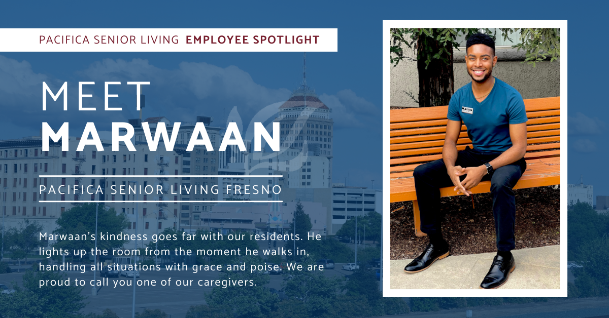 A smiling male caregiver poses beside text indicating he is the employee spotlight for Pacifica Senior Living Fresno