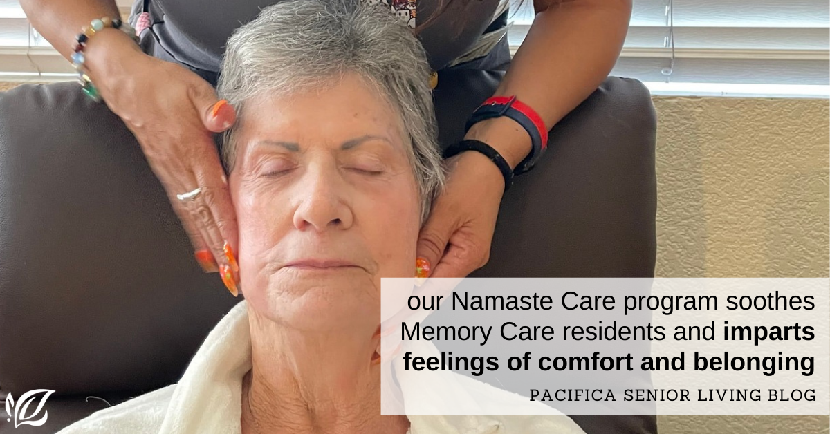 a memory care resident enjoys a relaxing face massage at pacifica senior living newport mesa